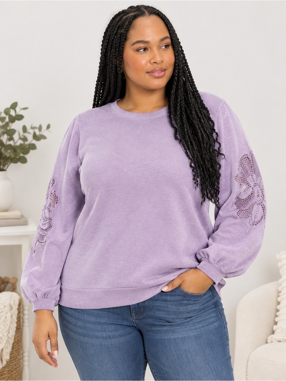Torrid Purple Cozy Fleece Crochet Sleeve Sweatshirt Plus Size 1 1X